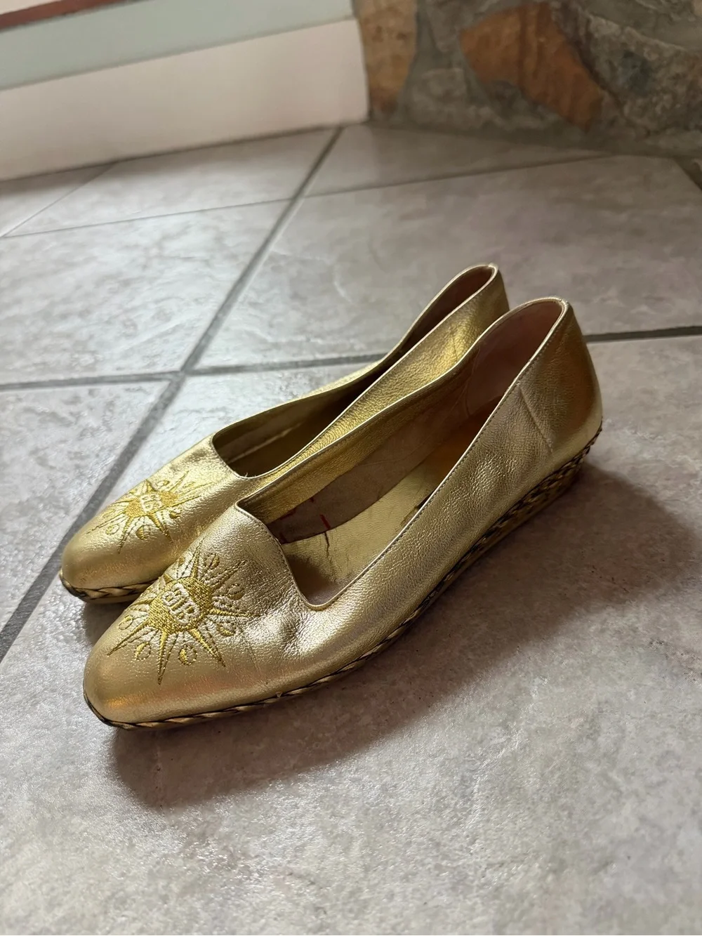 Bally Starry Gold Metallic Sunburst Loafers Leather Flats Italy 37.5